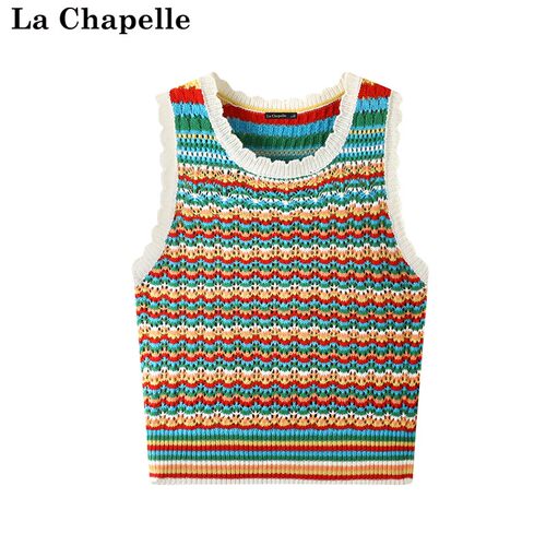 拉夏贝尔/La Chapelle新款彩色条纹撞色复古镂空针织无袖背心上衣
