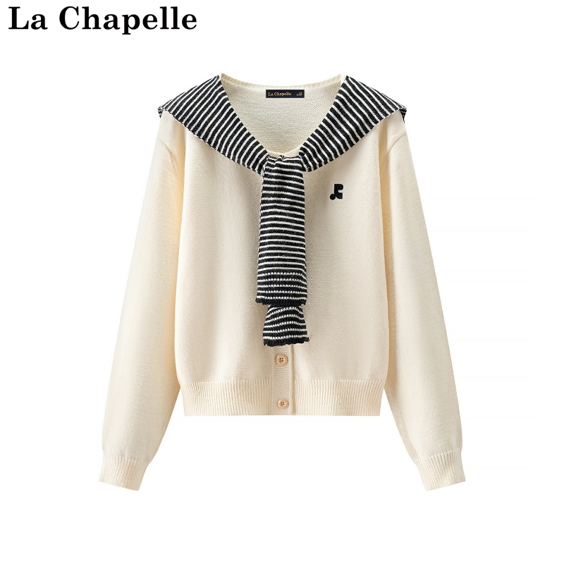 拉夏贝尔/La Chapelle秋冬新款条纹披肩软糯刺绣时尚长袖针织衫女