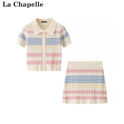 拉夏贝尔/La Chapelle夏甜美彩色条纹POLO领短袖针织衫半身裙套装