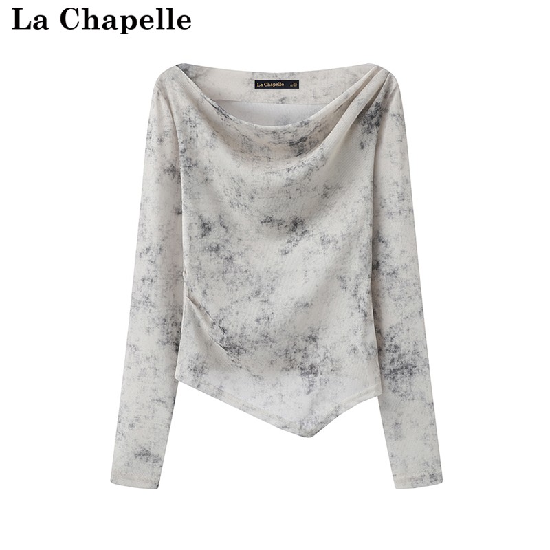 拉夏贝尔/La Chapelle春季新款复古烟雨水墨长袖 T恤网纱时尚上衣