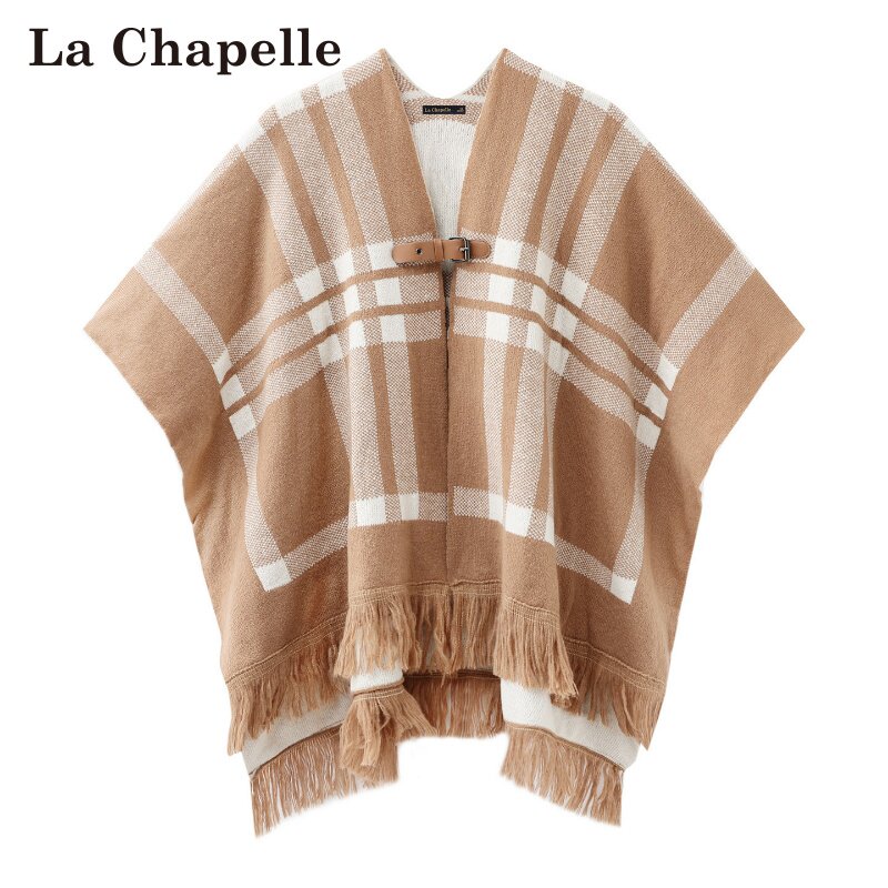拉夏贝尔/La Chapelle秋冬针织披肩女流苏条纹旗袍外搭斗篷开衫厚