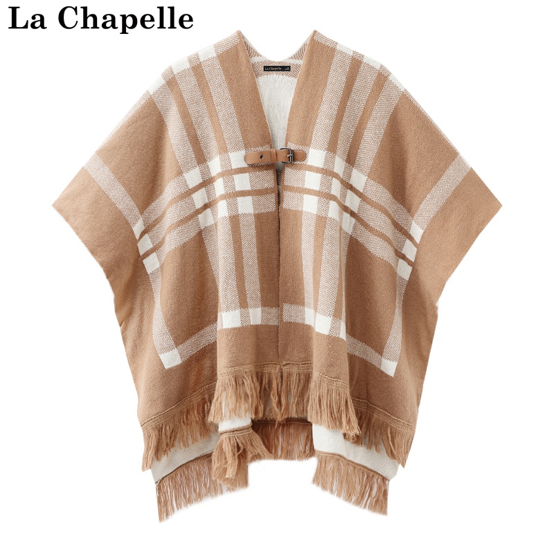 拉夏贝尔/La Chapelle秋冬针织披肩女流苏条纹旗袍外搭斗篷开衫厚