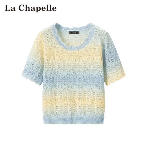拉夏贝尔/La Chapelle春夏新款多巴胺渐变色针织圆领镂空正肩短袖