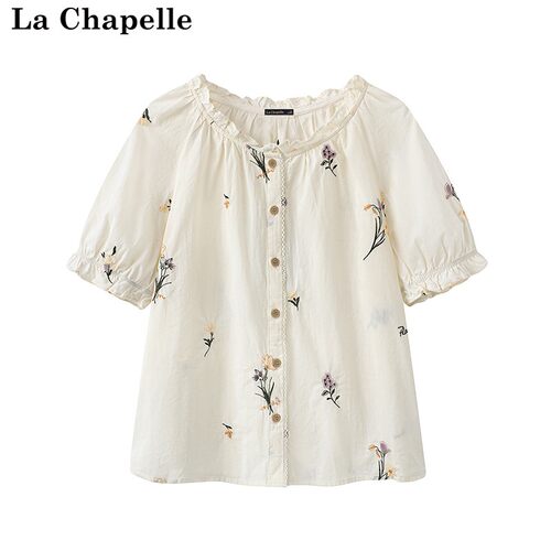 拉夏贝尔/La Chapelle夏季新款泡泡袖温柔风植物刺绣花边领衬衫女