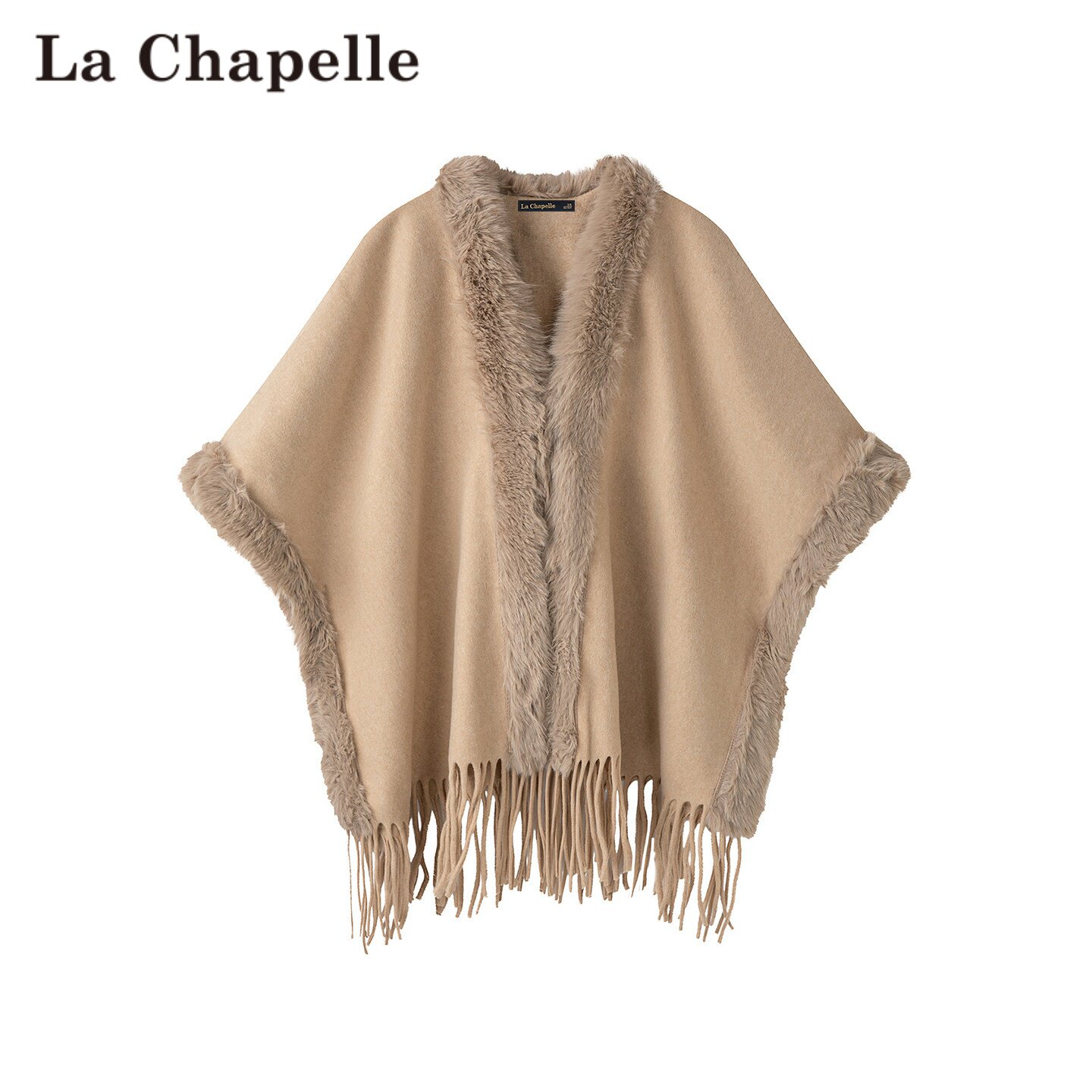 拉夏贝尔/La Chapelle秋冬毛领斗篷流苏披肩保暖外搭高级感上衣女