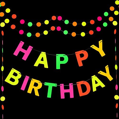 black light neon happy birthday banner  rainbow glow birthda