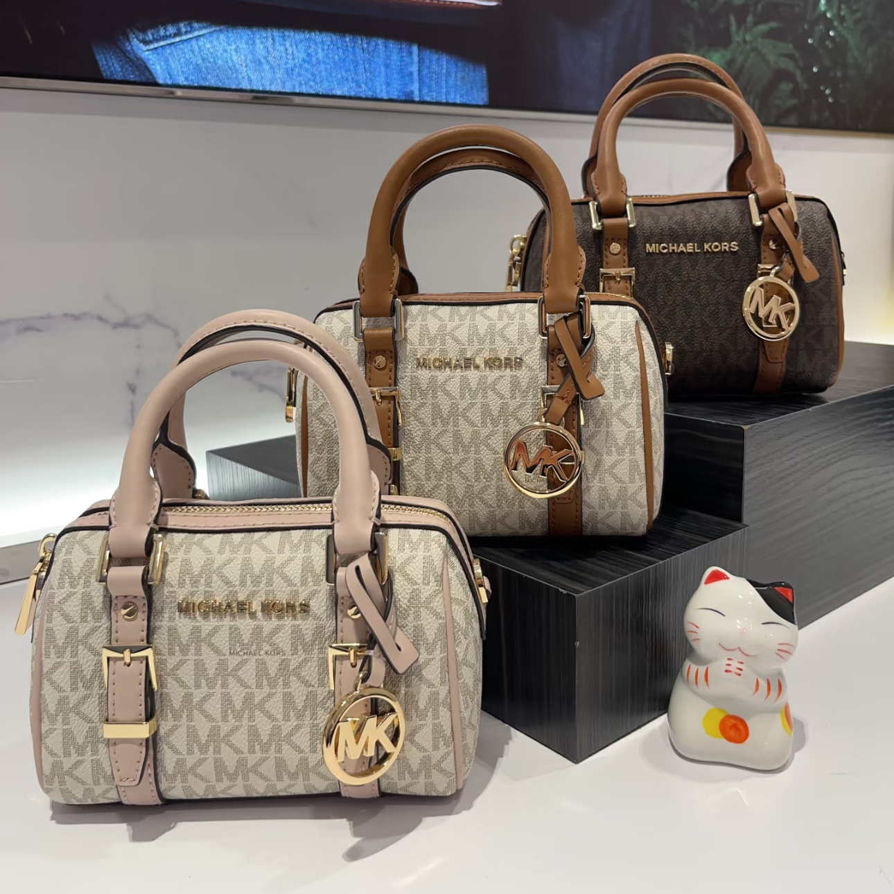 【正品保障】MK波士顿枕头包 mini老花水桶包手提单肩斜挎女包