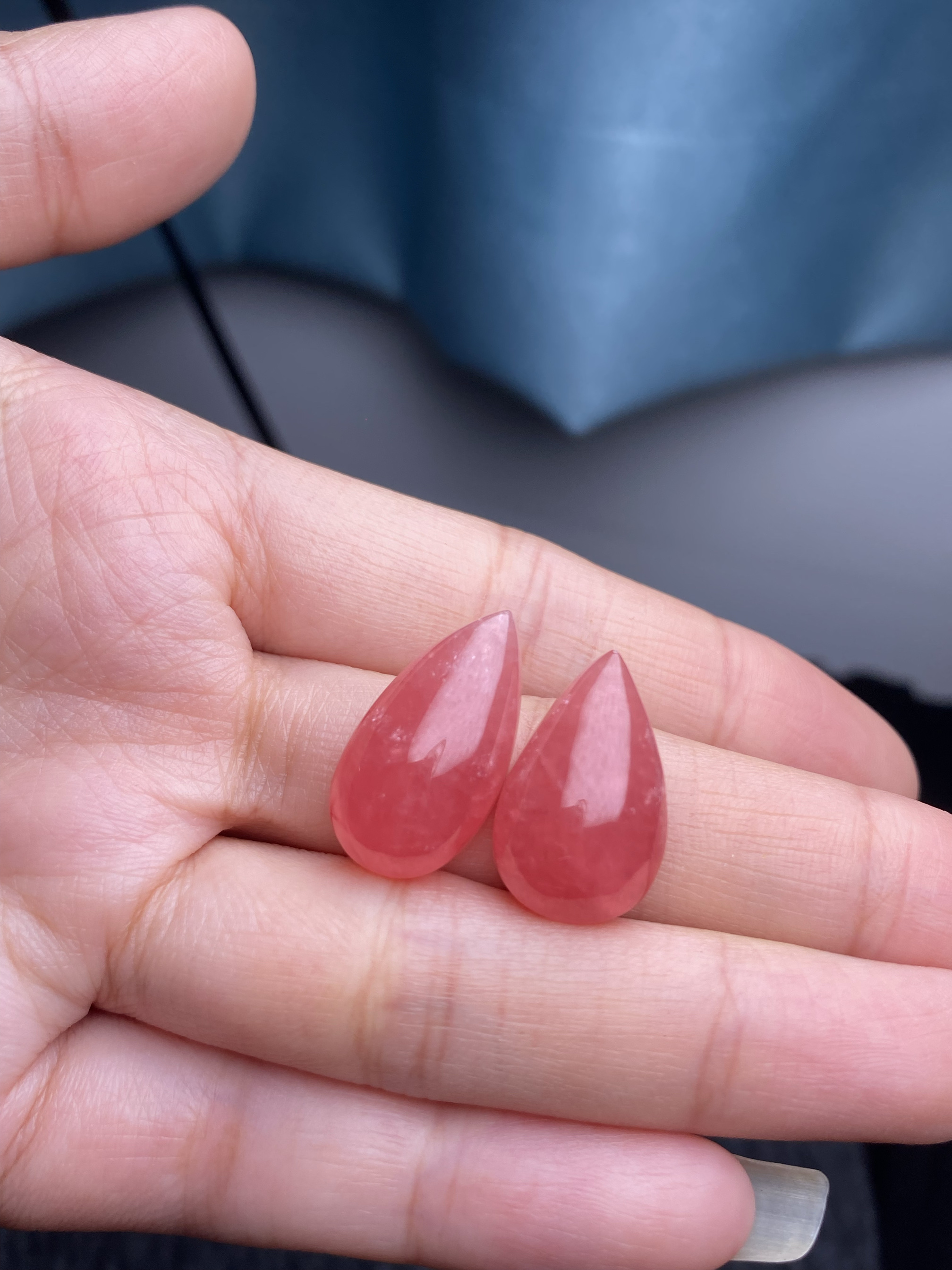 纯天然冰种水滴红纹石裸石一对 冰种老料 约12*22mm重量4克  保真