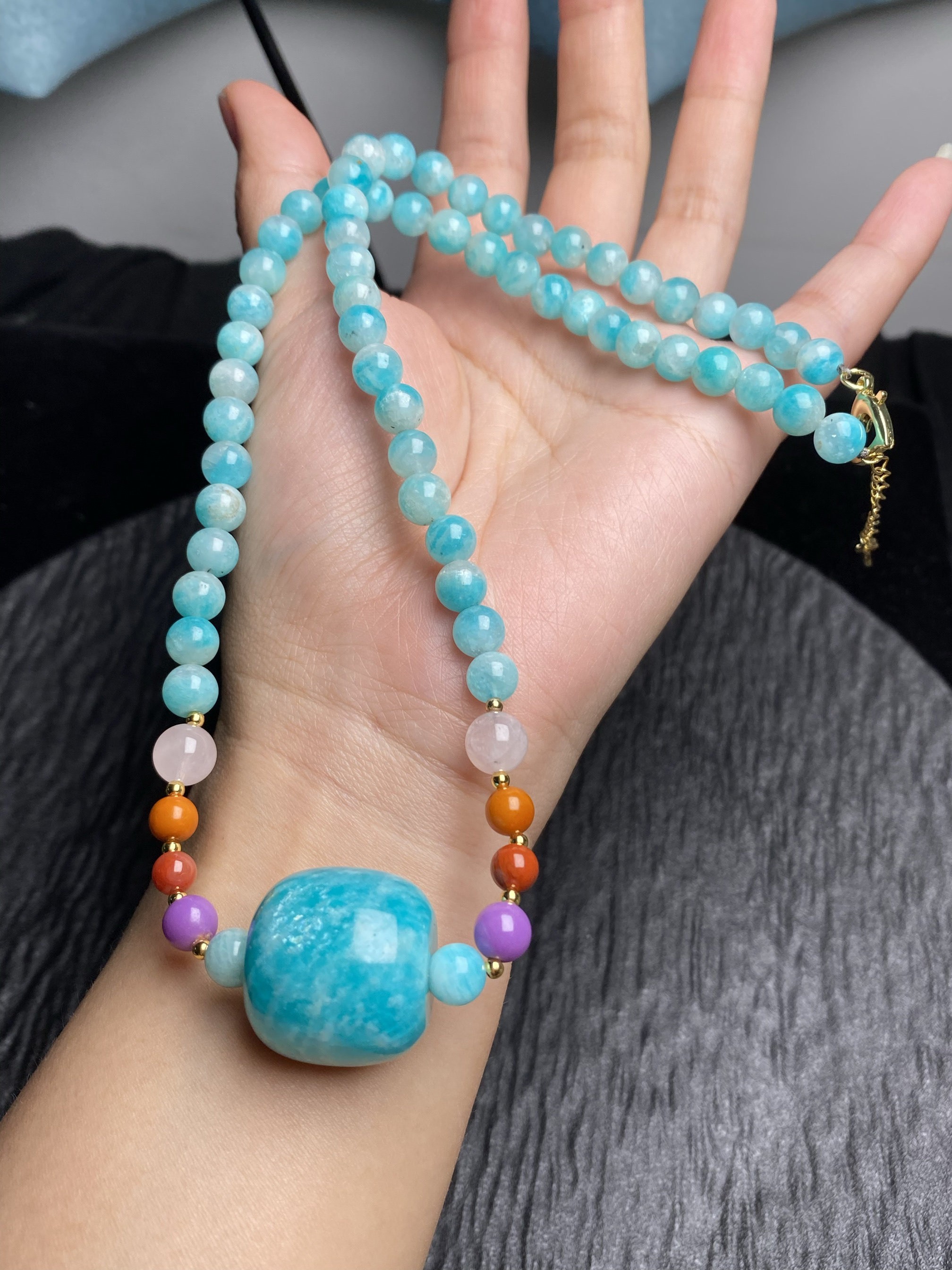 纯天然冰种天河石项链7.4MM搭配天然莫桑料天河石平安扣49克 保真