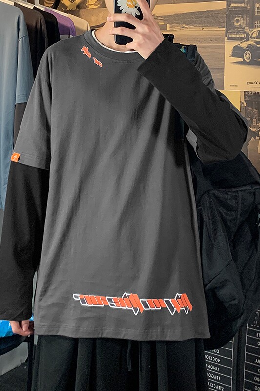 秋季新款假两件时尚港风圆领T恤卫衣长袖男XZ1415-2#TC502#P25,男装T恤,星座301D-4(原星座1004-4）
