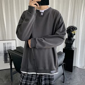 秋冬新款时尚大码港风圆领套头T恤卫衣男女款XZ1415-2#W5509#图片