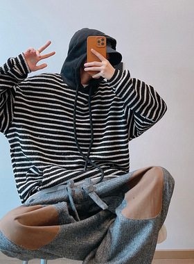 秋东季拼接设计感连帽针织卫衣男宽松休闲ins撞色条纹长袖毛衣潮