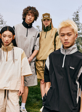 宽松拼色翻领POLO衫落肩五分袖纯棉T恤衫潮牌男女学生班服套装