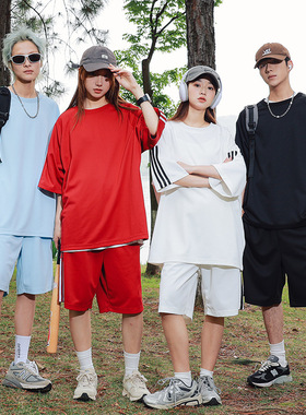 美式街头拼接条纹字母印花插肩短袖T恤男运动休闲宽松嘻哈套装