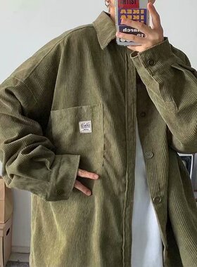 灯芯绒外套男港风日系ins潮牌春秋宽松衬衣男生韩版百搭长袖衬衫