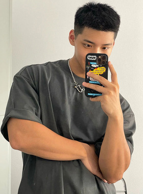 美式复古深灰色重磅纯棉短袖t恤男tee宽松正肩上衣高克重加厚