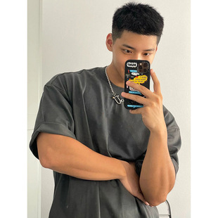 美式 t恤男tee宽松正肩上衣高克重加厚 复古深灰色重磅纯棉短袖