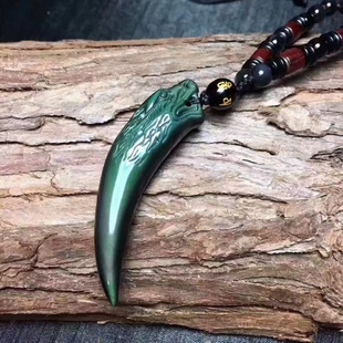 天然彩眼黑曜石狼牙吊坠黑绳项链男潮夏季小众设计感挂绳水晶配饰