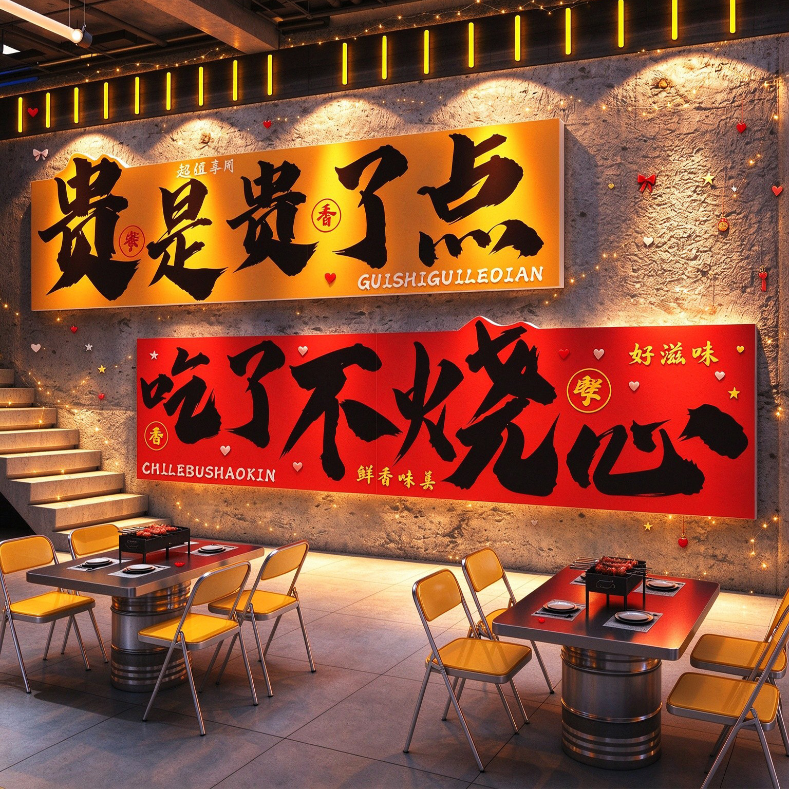 市井破旧火锅烧烤店形象墙贴