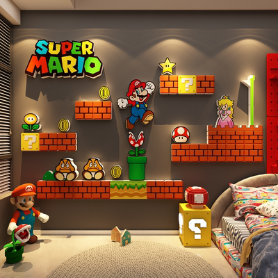 马里奥墙面3d立体贴纸壁画超级玛丽儿童房间布置装饰电视客厅背景