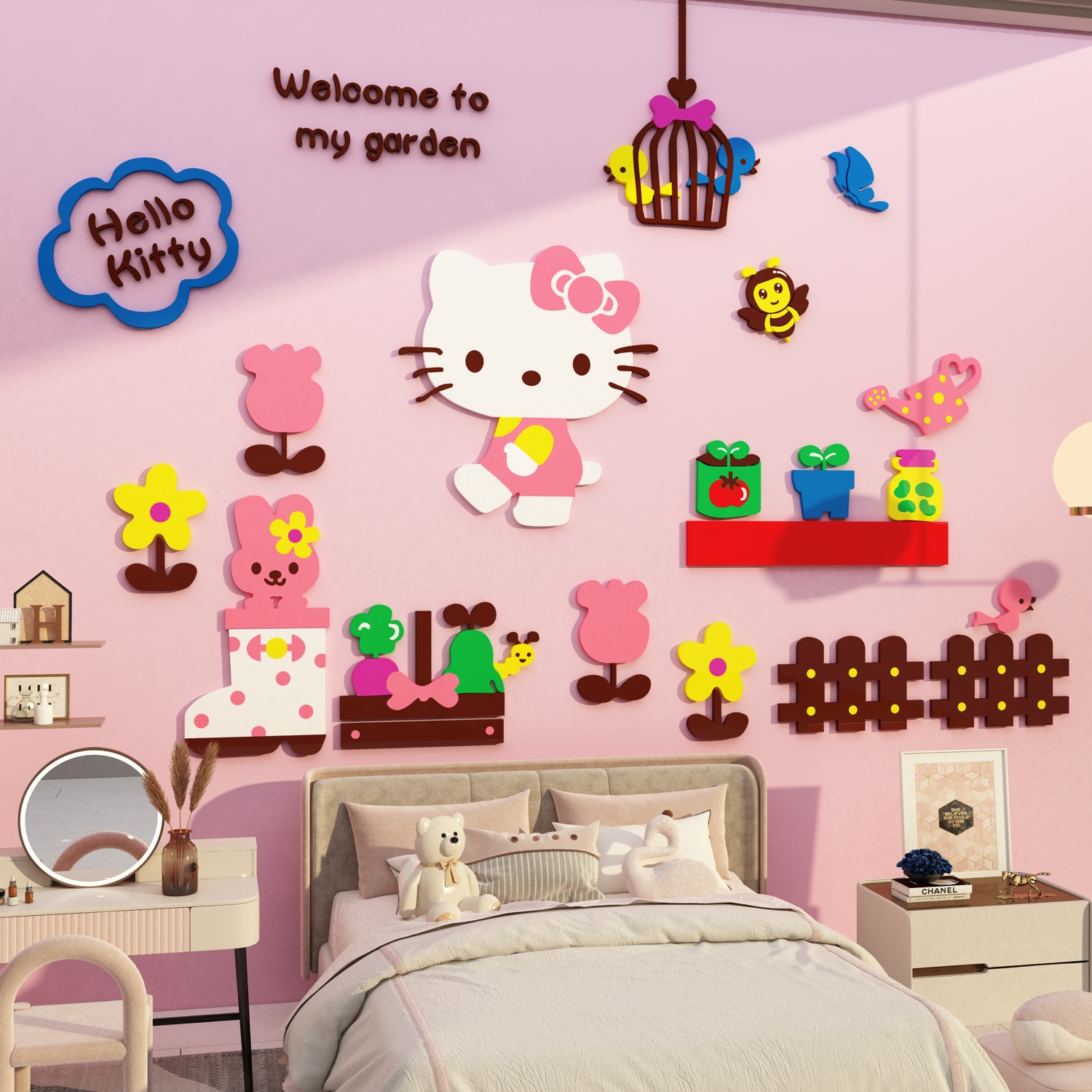 hellokitty猫卡通墙贴纸画女孩床头布置儿童公主房间墙面装饰改造图片