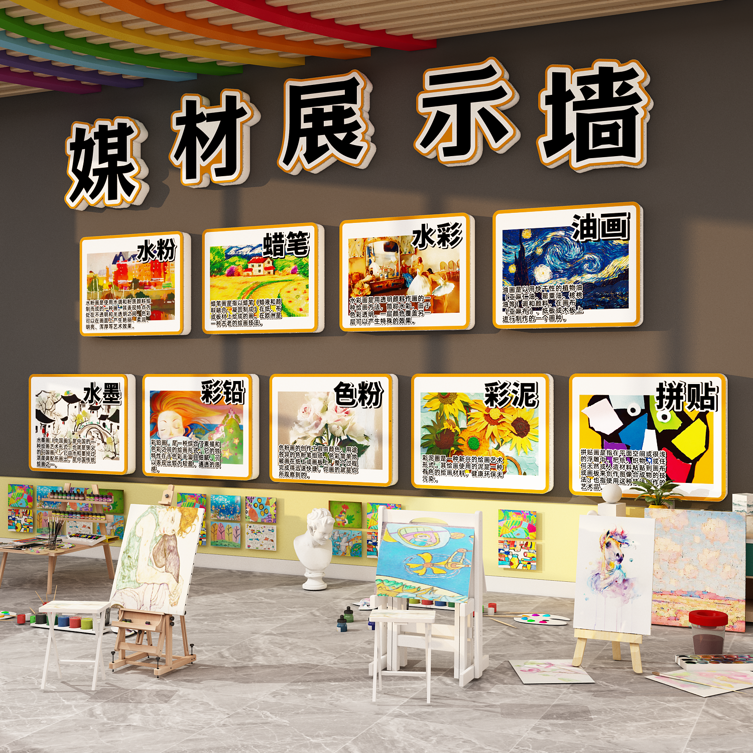 画展场景氛围布置美术教室文化墙面装饰媒材作品展示课程体系挂图
