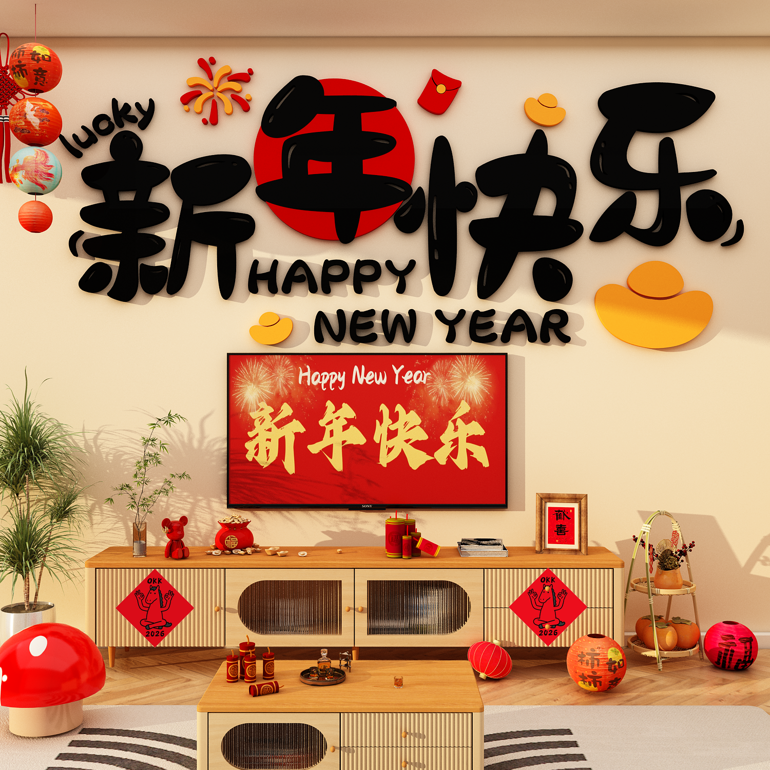 2026马新年快乐字墙贴春节客厅电视机背景墙面装饰立体挂件高级感