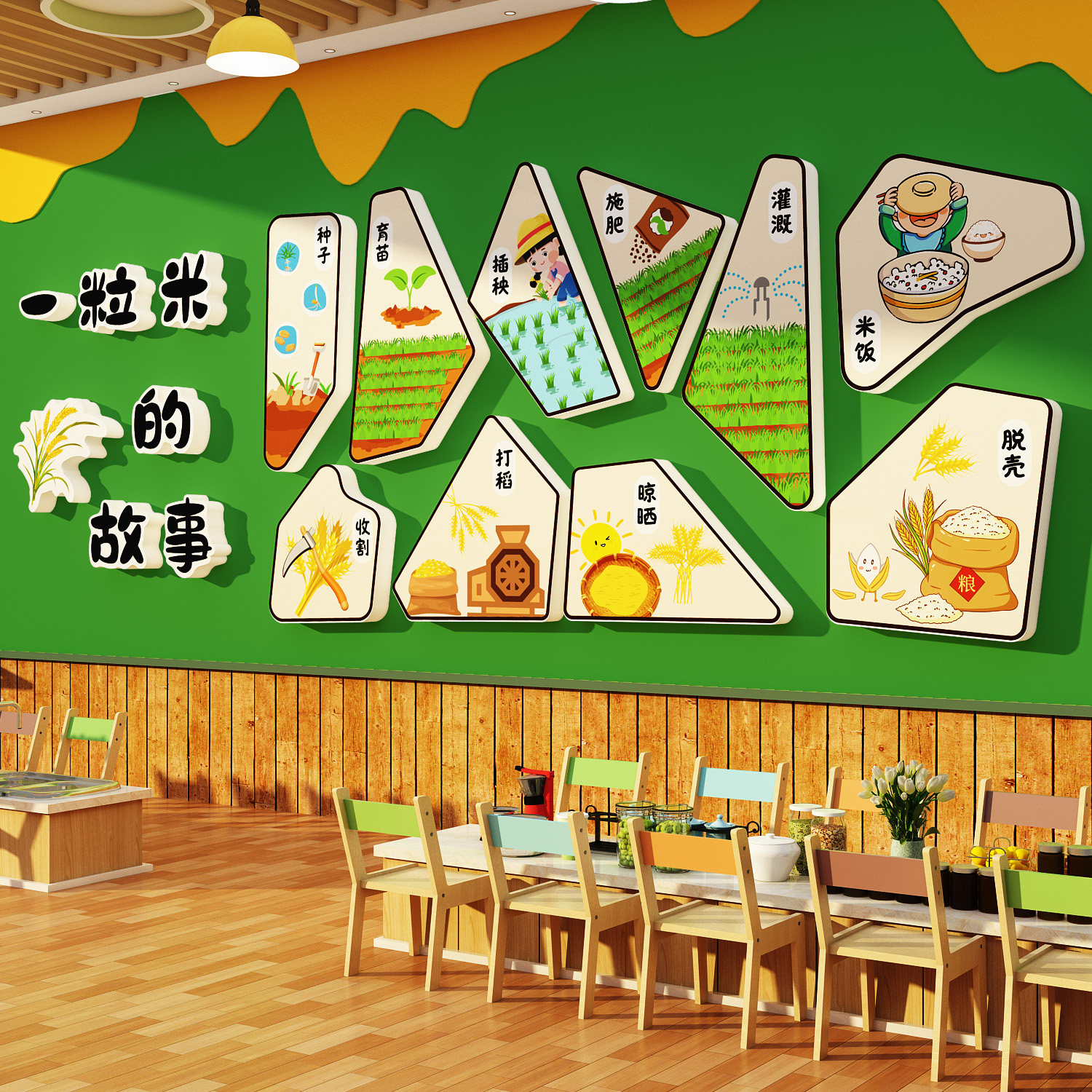 幼儿园环创主题墙成品文化墙面装饰食堂饭桌托管班一粒米的故事贴