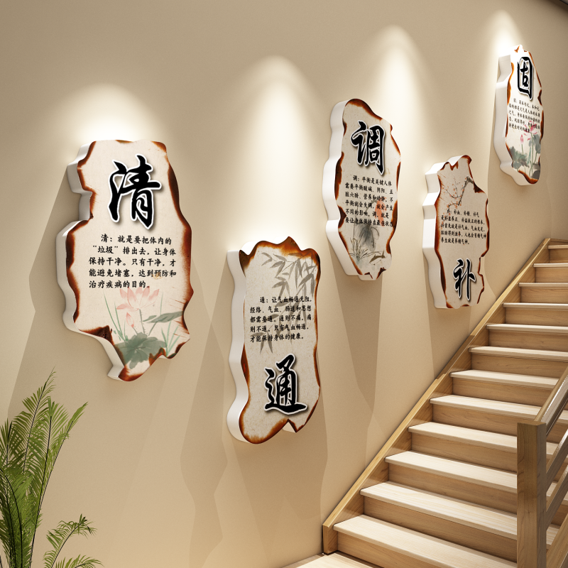 养生馆背景墙面装饰画美容院形象挂画中医氛围布置推拿店楼梯文化图片