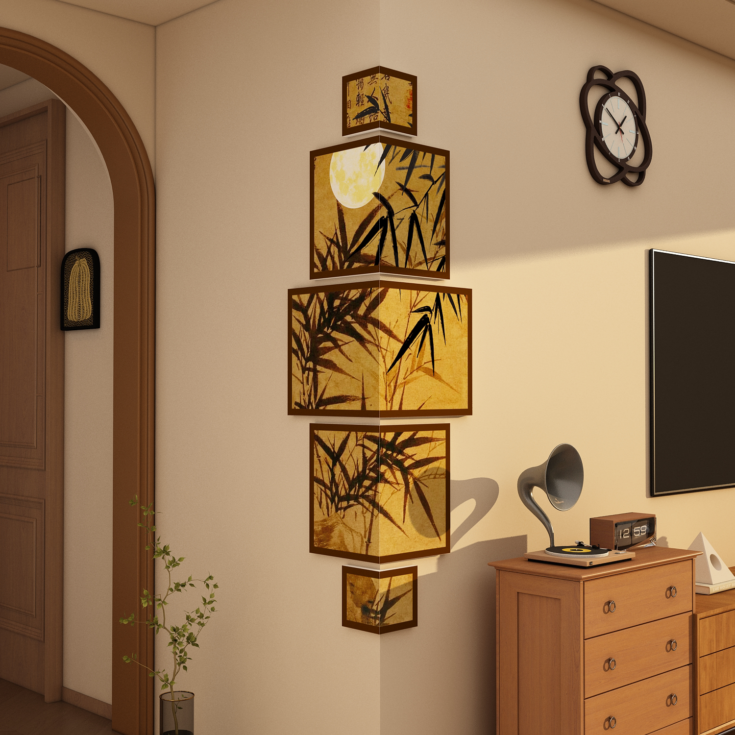 中国风客厅背景装饰入户玄关迎门拐转角3d立体墙面贴遮丑创意壁画