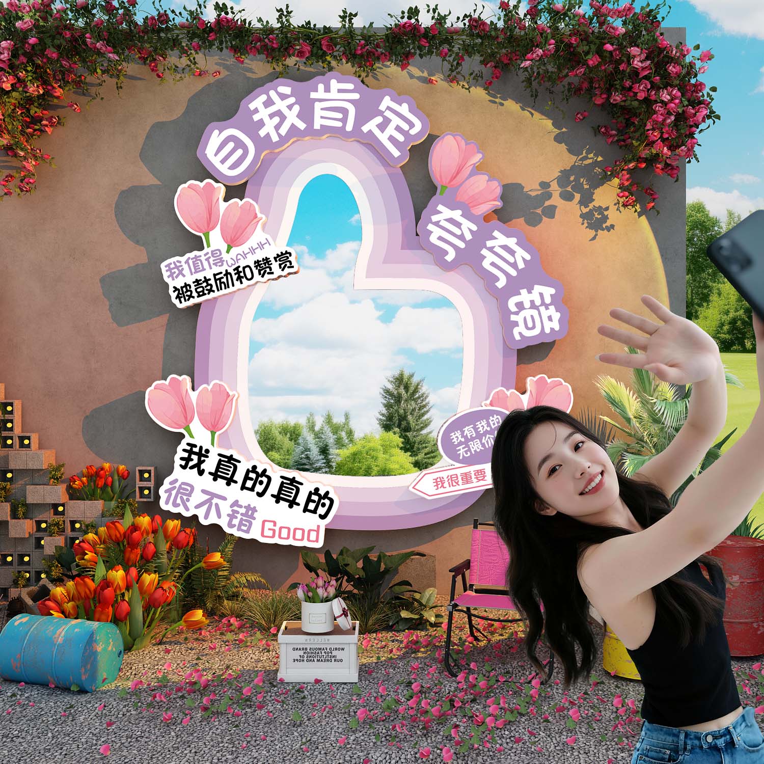 网红夸夸镜子自我肯定拍照区打卡造背场景布置咖啡店形象墙面装饰