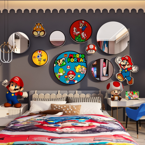 儿童房间布置墙面装饰挂画超级玛丽马里奥3d立体贴纸男生卧室镜子