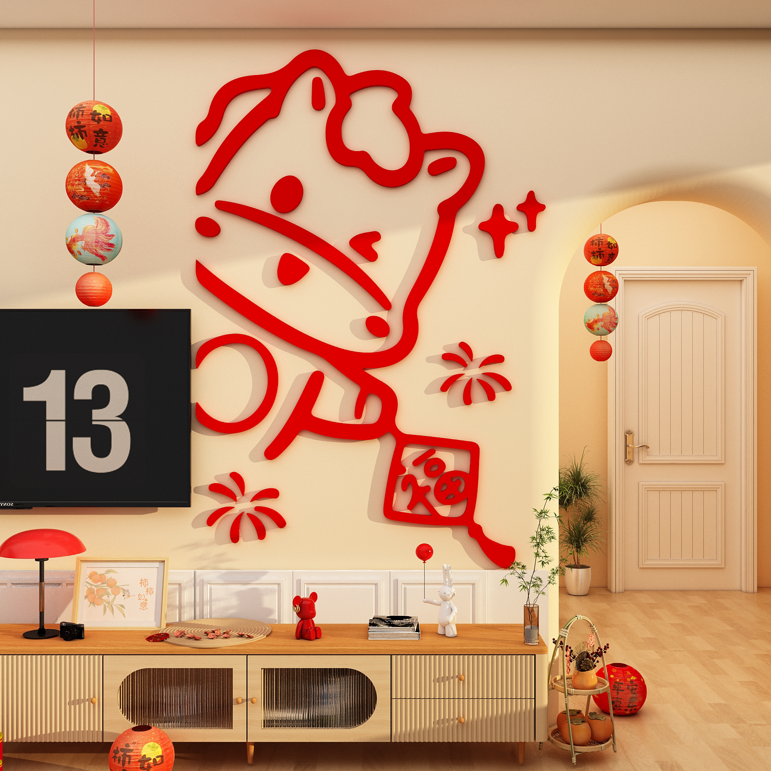 2026马新年春节电视机背景墙面装饰点缀亚克力3d立体贴纸氛围布置