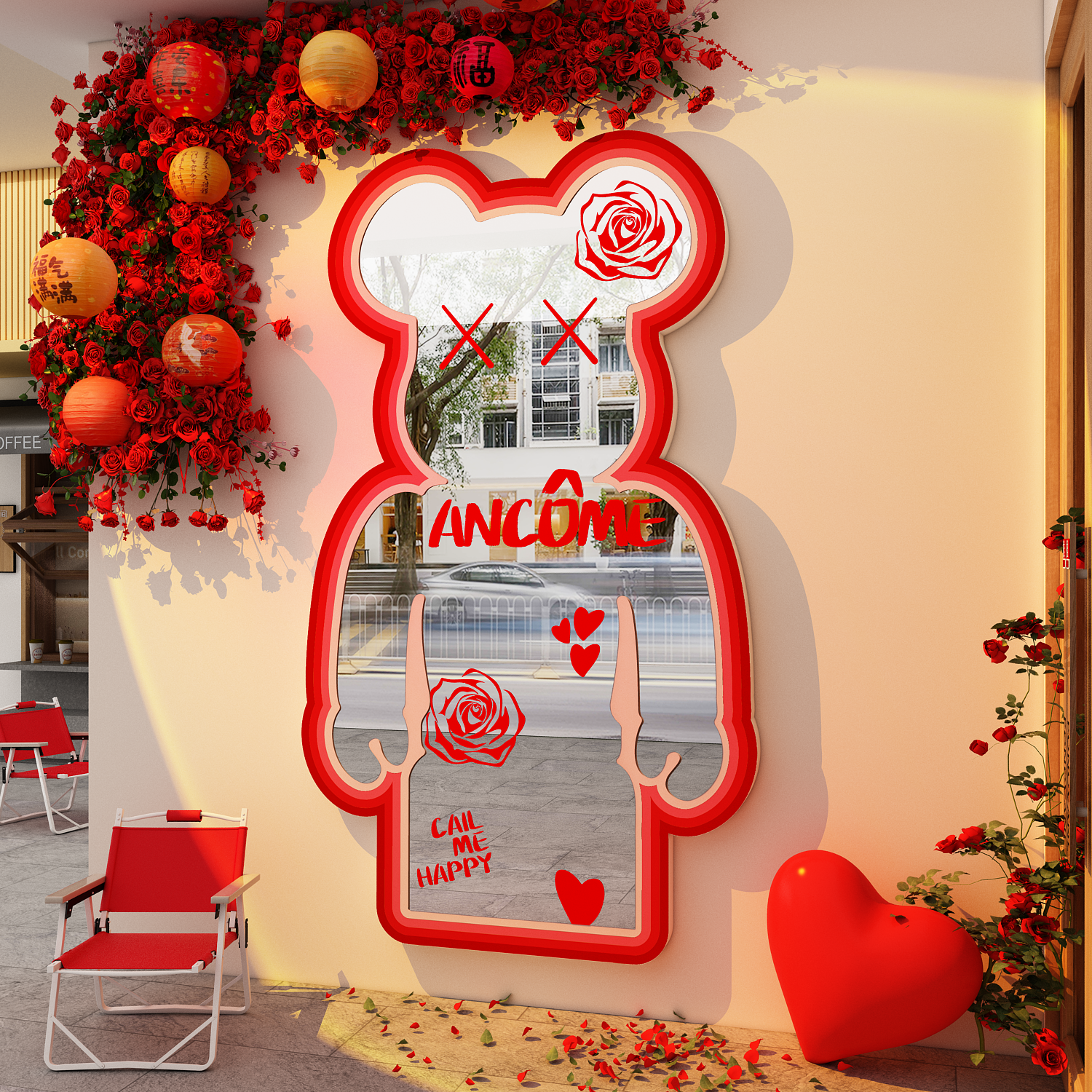 咖啡厅墙壁装饰网红打卡拍照区公仔涂鸦镜子面奶茶店氛围布置场景