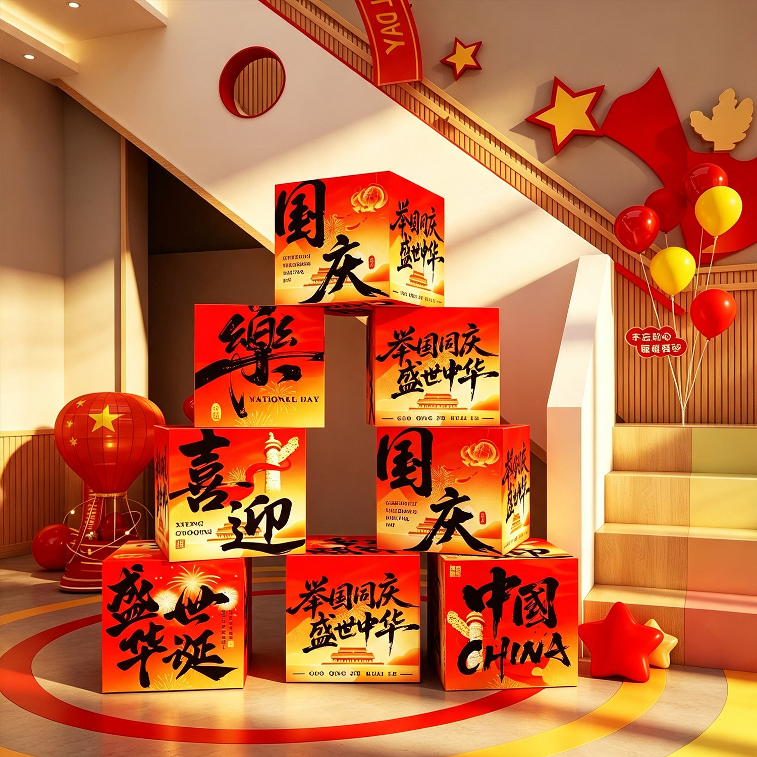 幼儿园红色主题环创楼梯文化网红打卡爱中国庆节场景氛围布置装饰