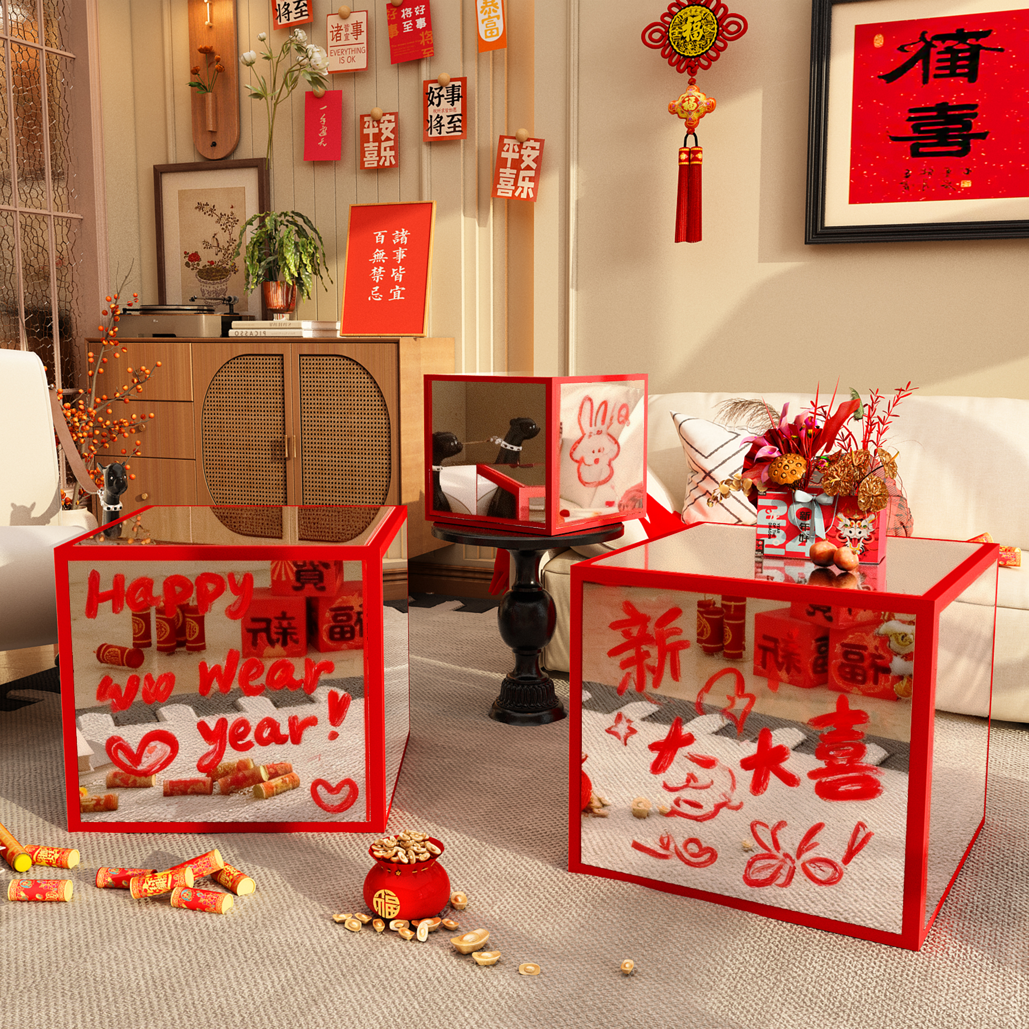 2026马新年春节镜子涂鸦网红打卡3d立体贴纸电视背景墙面装饰客厅