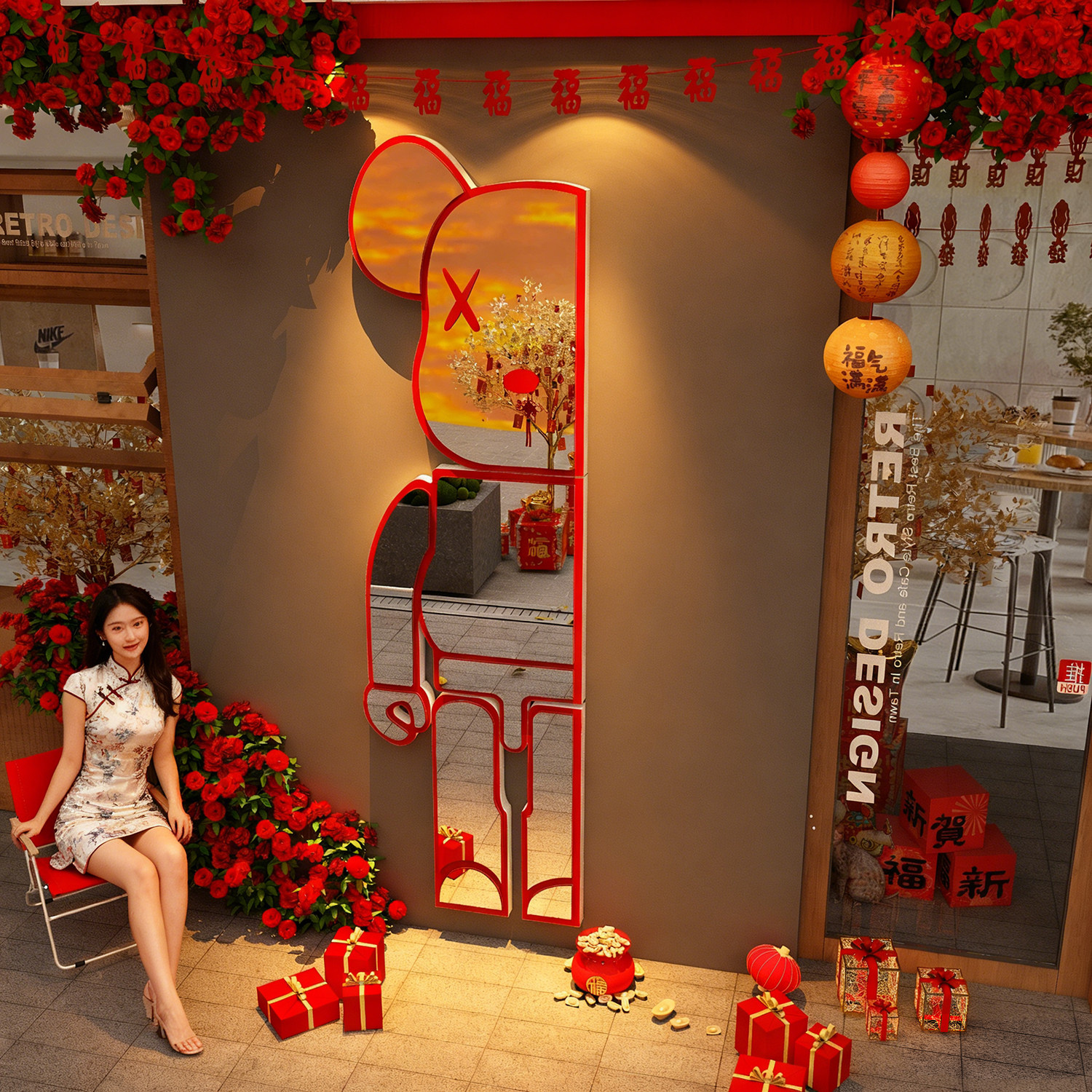网红打卡镜子小院玫瑰花墙面装饰2026新年春节元旦造场景氛围布置