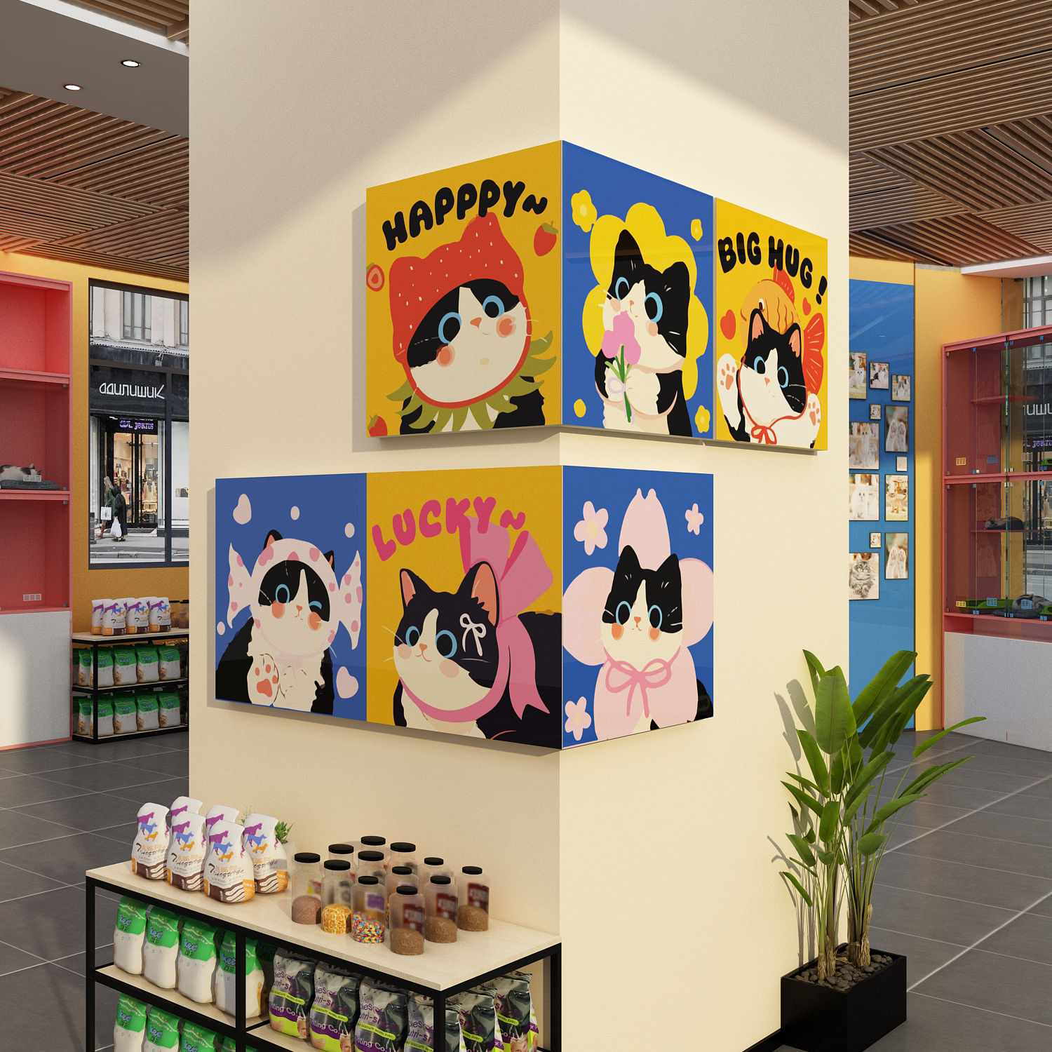 网红宠物店墙面装饰品打卡猫咖馆氛围布置直播间海报形象背景贴画