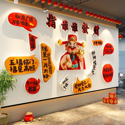 银行厅堂公司前台氛围布置2026马新年墙面装饰挂画指谁发大财贴纸