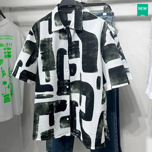 柜319！夏季新款男装时尚印花泡泡纱翻领短袖宽松衬衫7380557 025