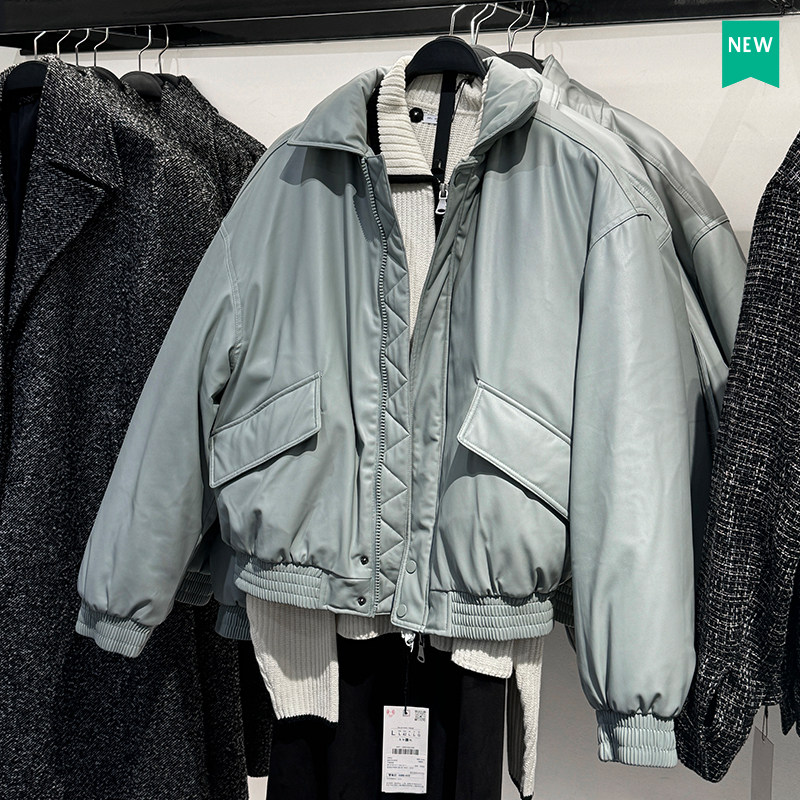 宽松仿皮棉服拉链皮衣夹克外套