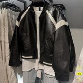 柜699 棒球服皮衣外套 撞色仿皮飞行员夹克ZA3715300男装 新款 男装