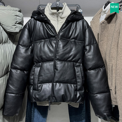 ZA男装连帽冬季宽松仿皮夹克棉服