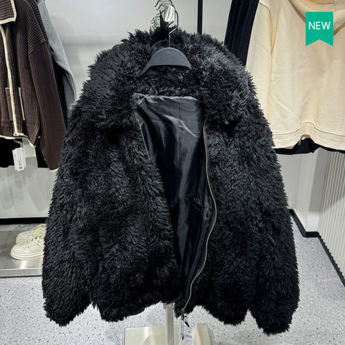 西班牙秋冬翻领宽松人造皮草夹克