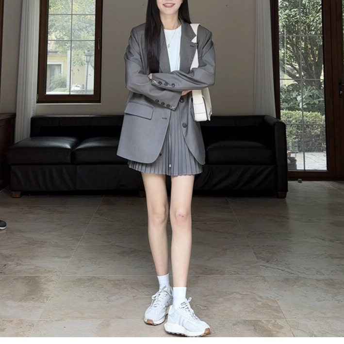 台湾高中生校服高级感灰色jk套装女时尚西装百褶裙半身裙两件套春