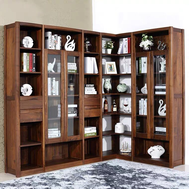 全实木书柜自由组合书架黑胡桃木家具转角原木书橱带门储物柜