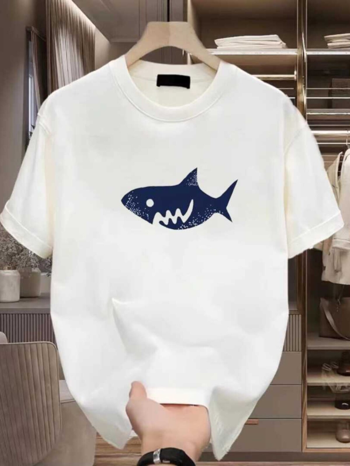 2024 여름 고품질 상어 티셔츠 순면 반팔 남성용 및 여성용 루즈하고 다재다능하고 트렌디하고 패셔너블 한 라운드 넥 탑