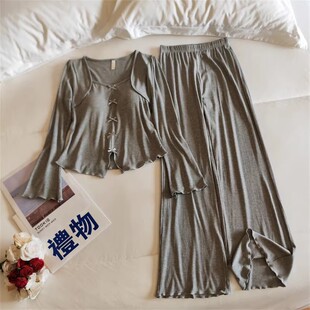 2026春秋季莫代尔棉睡衣女长袖带胸垫纯欲风高级感家居服两件套装