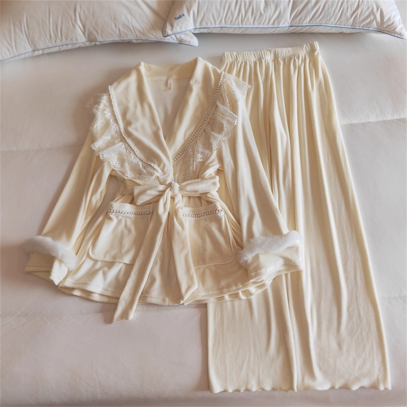长袖花边海岛绒睡衣女保暖套装
