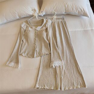 春秋新款带胸垫莫代尔睡衣女长袖开衫微喇叭套装法式纯欲风家居服